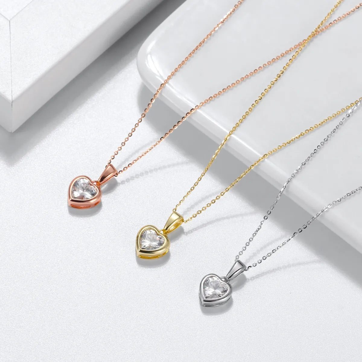 Personalized Pendant Necklaces-Modern Style Simple Style Classic Style Heart Shape Sterling Silver 14k Gold Plated White Gold Plated Rhodium Plated Zircon Pendant Necklace In Bulk