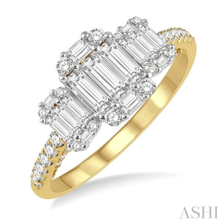 Engagement Rings with Colored Diamonds-7/8 ctw Tri-Mount Fusion Baguette and Round Cut Diamond Engagement Ring in 14K Yellow and White gold