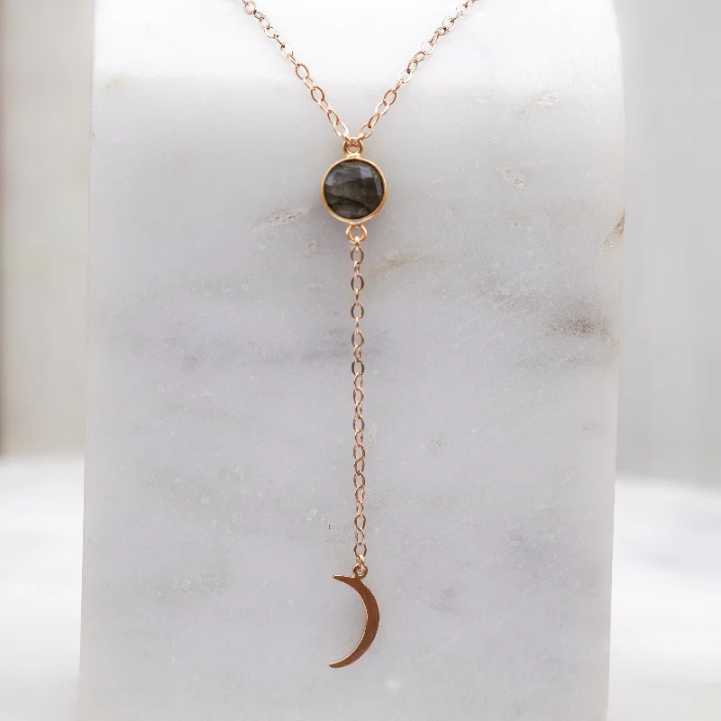 Simple Pendant Necklaces-Labradorite Gem Drop with crescent moon