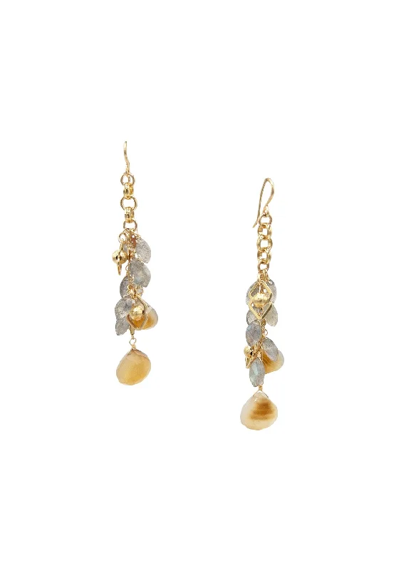 Silver Drop Earrings for Women-Herkimer Raw Diamond and Citrine Labradorite Cluster Earrings