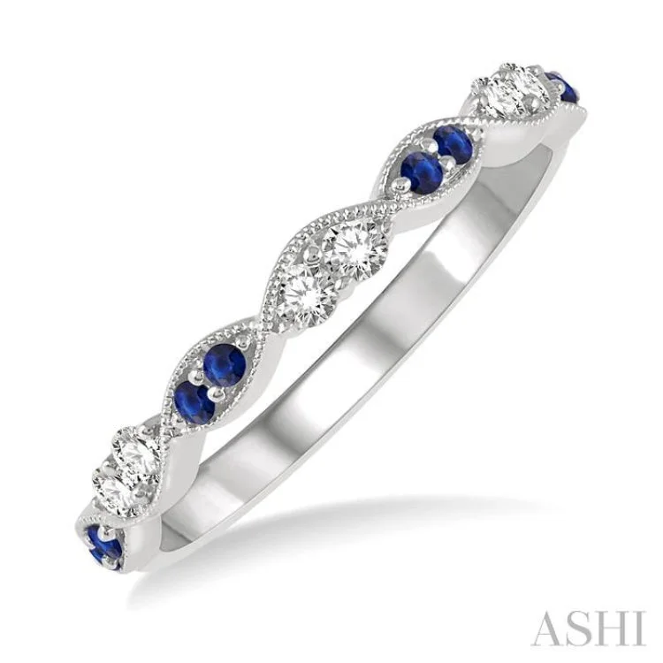 Custom Gemstone Promise Wedding Rings-1.35 MM Round Cut Sapphire and 1/5 Ctw Round Cut Diamond Half Eternity Wedding Band in 14K White Gold