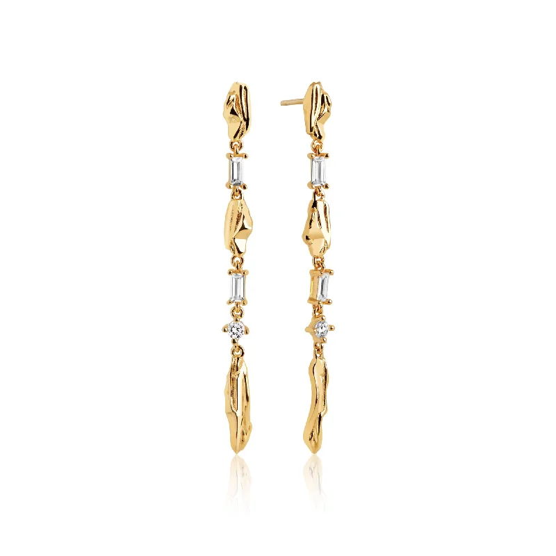 Geometric Drop Earrings for Women-Vulcanello Lungo Grande Gold Plated Earrings w. White Zirconias