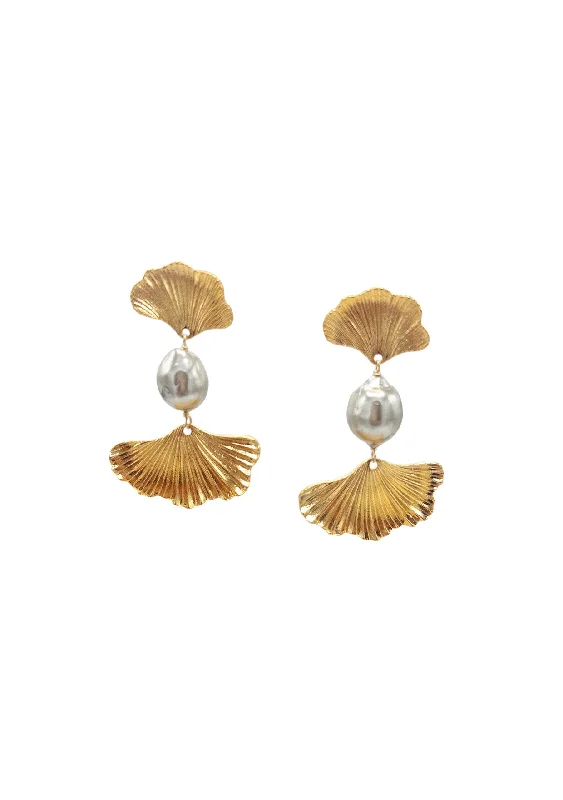 Large Hoop Earrings for Women-Gold Double Fan Pearl Earrings