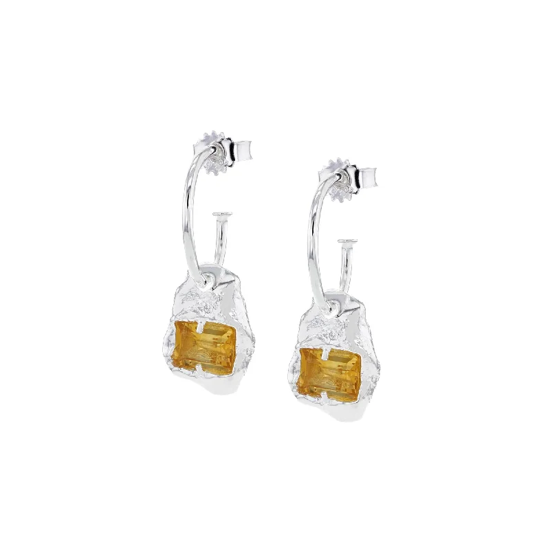 Designer Drop Earrings-Combined Silver Earrings w. Yellow Zirconia