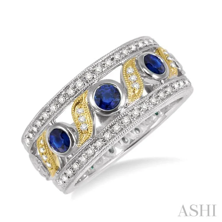 Fashionable Engagement Rings with Birthstones-3 MM Diamond cut Round Sapphire and 1/6 ctw Round Cut Diamond Precious Fashion Ring in 14K White and Yellow Gold