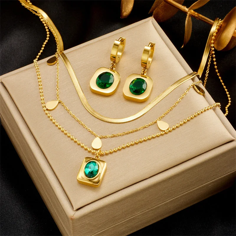 Custom Picture Necklaces-Fashion Women Square Chain Titanium Steel Electroplating Jewelry Sets