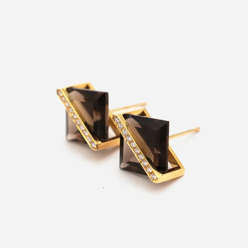 Crystal Drop Earrings for Women-Band 18K & 10K Gold Earrings w. Smoky Quartz & Diamonds