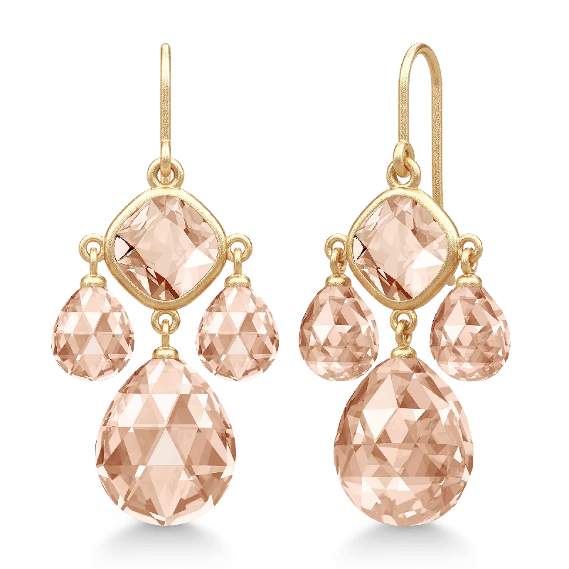 Classic Gold Earrings-Olivia Chandelier Peach Morganite Gold Plated Earrings w. Crystal