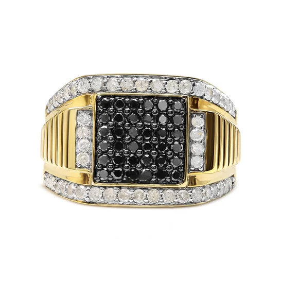 Vintage Custom Engagement Rings-Original Haus of Brilliance Men's 10K Yellow Gold 1 1/2 Cttw White and Black Treated Diamond Cluster Ring (Black / I-J Color, I2-I3 Clarity)