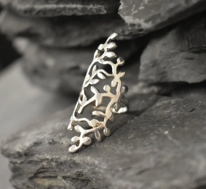 Fashion Engagement Rings for Women-Silver Leaf Ring - Long Vintage Leaf Ring - Silver Statement Ring