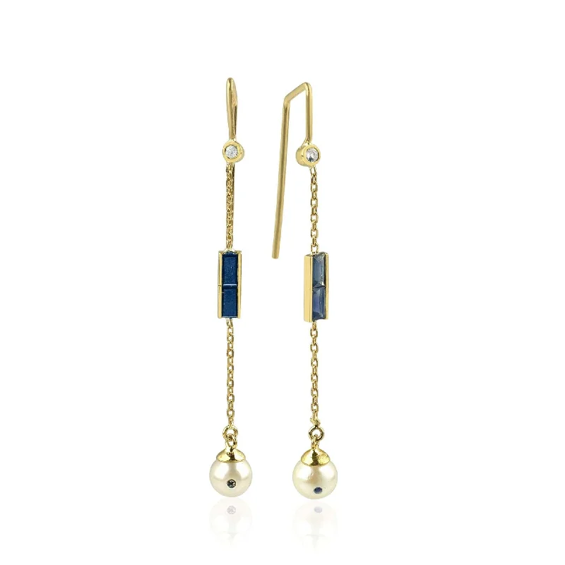 Modern Crystal Drop Earrings-Eline 18K Gold Single Earring w. blue & White Sapphires & Pearl