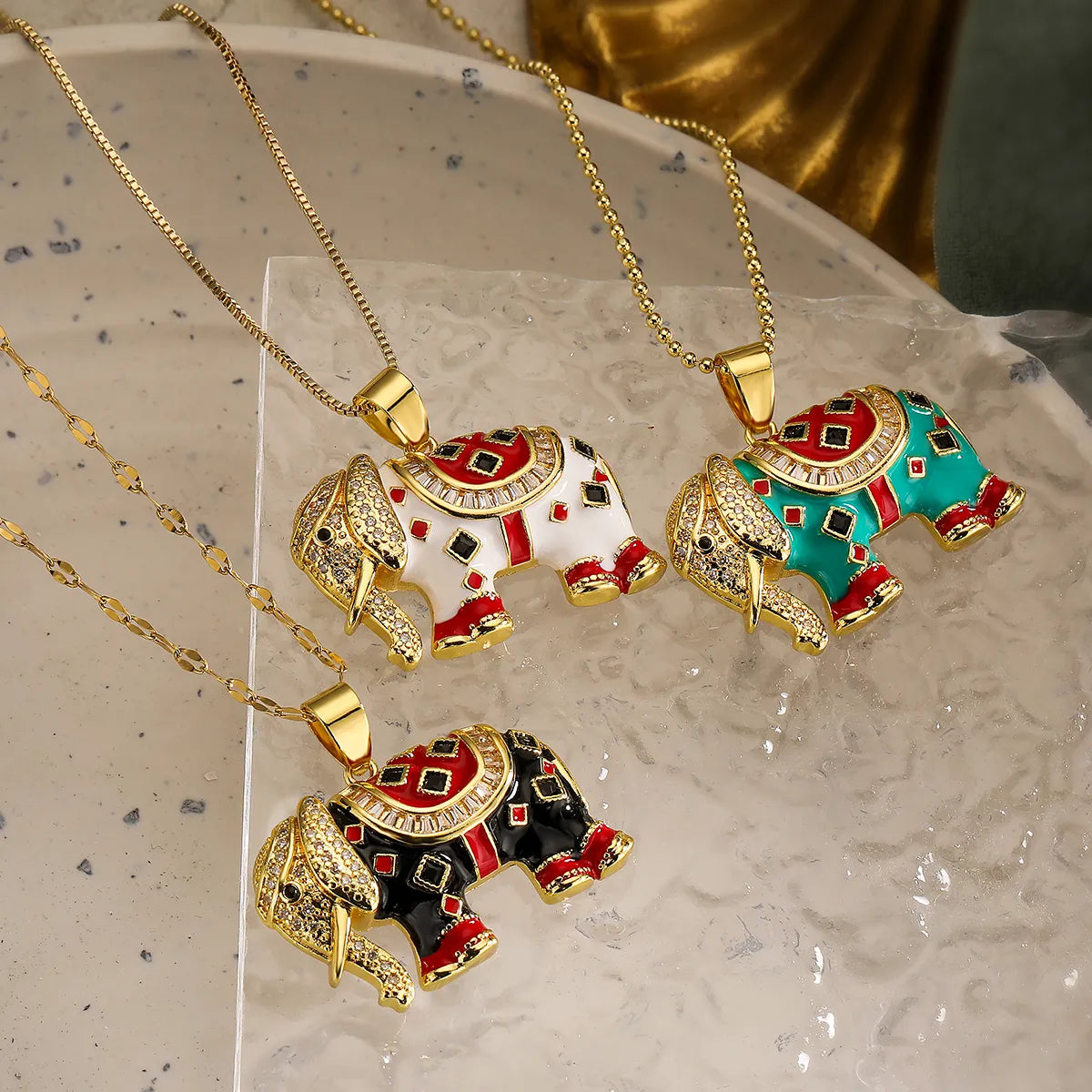 Vintage Style Necklaces-Copper 18K Gold Plated Retro Elephant Enamel Inlay Zircon Pendant Necklace