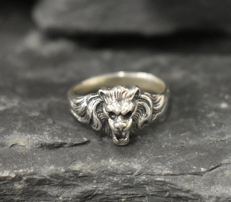 Custom Engagement Rings with Sapphire-Silver Lion Ring - Lion Head Ring - Silver Animal Ring