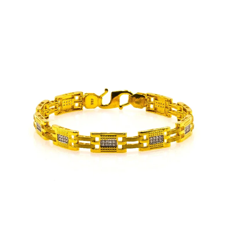 Fashionable Adjustable Bracelets-22K Yellow Gold Men's Bracelet W/ CZ Gemstones & Wide Square Links