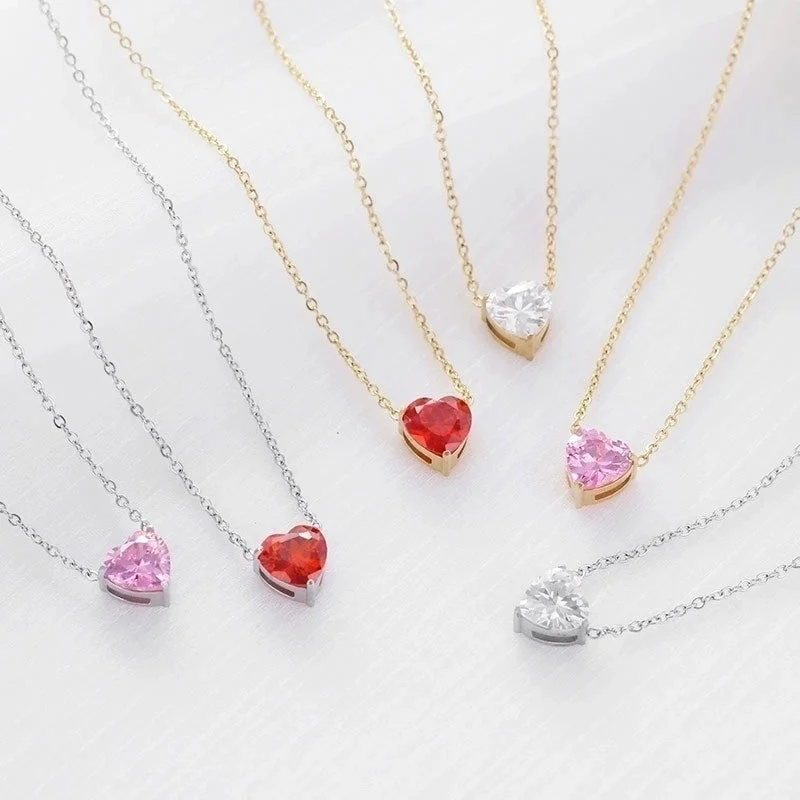 Spiritual Healing Necklaces-Fashion Heart Shape Titanium Steel Inlay Zircon Necklace