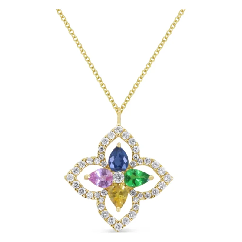 Amulet Necklaces-14K Yellow Gold Multi-Sapphire Diamond Outline Flower Pendant Necklace