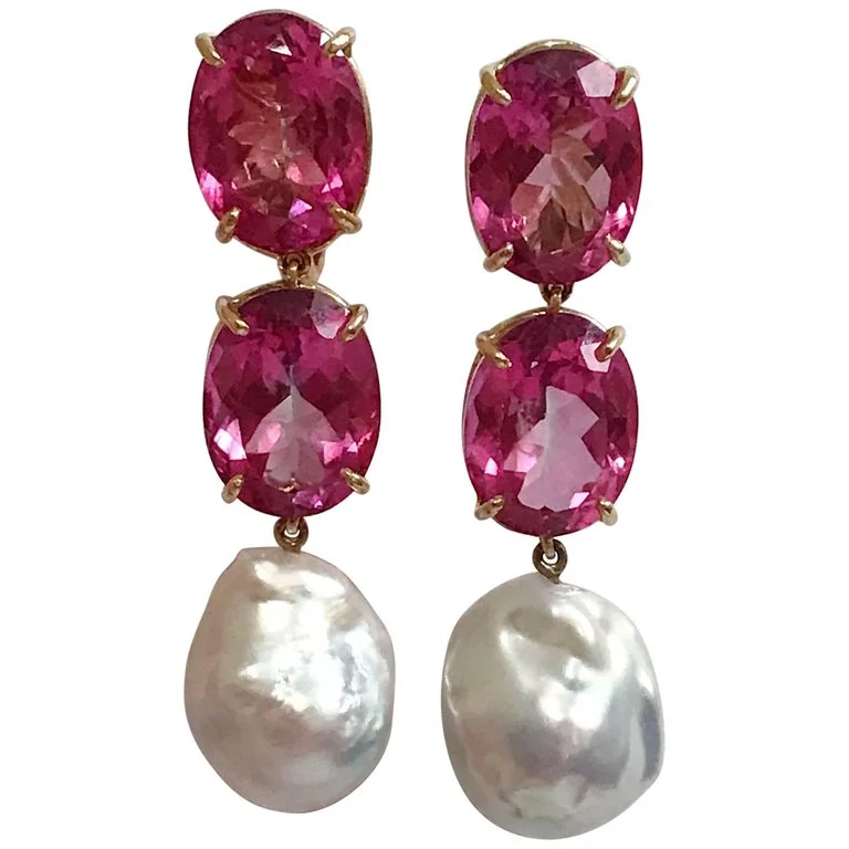 Bold Crystal Earrings-Elegant Three-Stone Drop Earring with Pink Topaz and Baroque Pearl