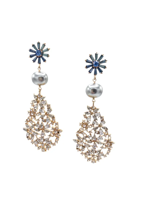 Sparkling Gemstone Drop Earrings for Women-Blue and Clear Crystal Statement Earrings