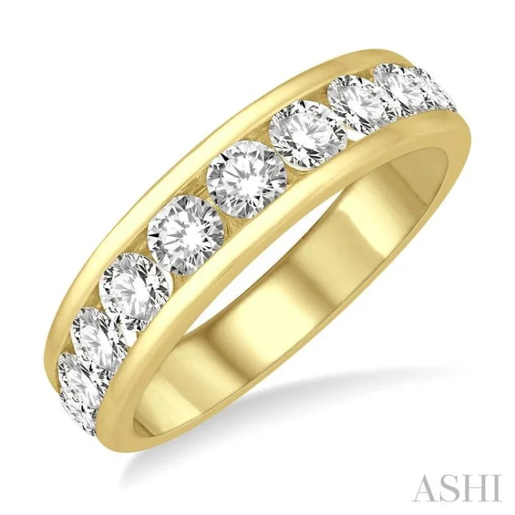 Custom Silver Wedding Bands for Men-1 1/2 ctw Channel Set 11 Stone Round Cut Diamond Wedding Band in 14K Yellow Gold