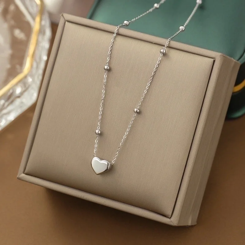 Yc [H482] Ball Bead Chain Heart-Shaped Necklace [Steel Color]]