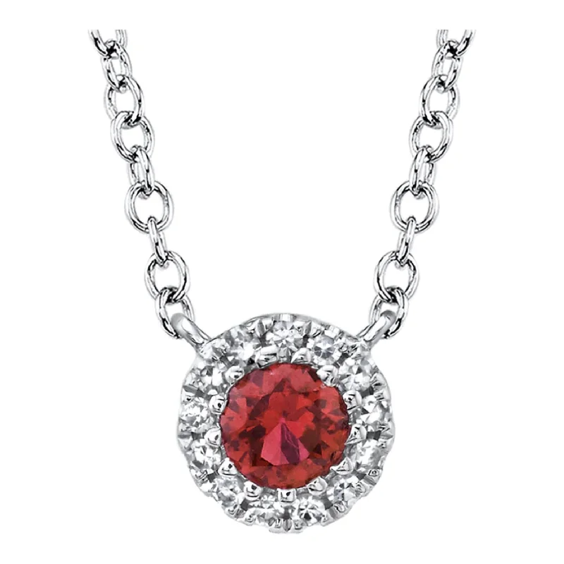 Custom Birthstone Necklaces-14K White Gold Diamond & Ruby Halo Pendant Necklace