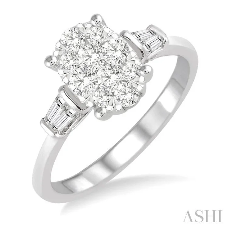 Customizable Promise Bands-5/8 ctw Oval Shape Lovebright Baguette and Round Cut Diamond Cluster Ring in 14K White Gold