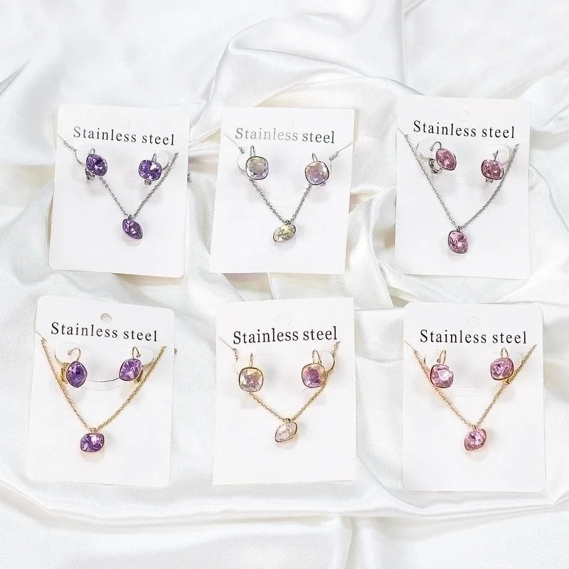 Bridal Necklaces-Fashion Geometric Stainless Steel Artificial Gemstones Earrings Necklace 1 Set