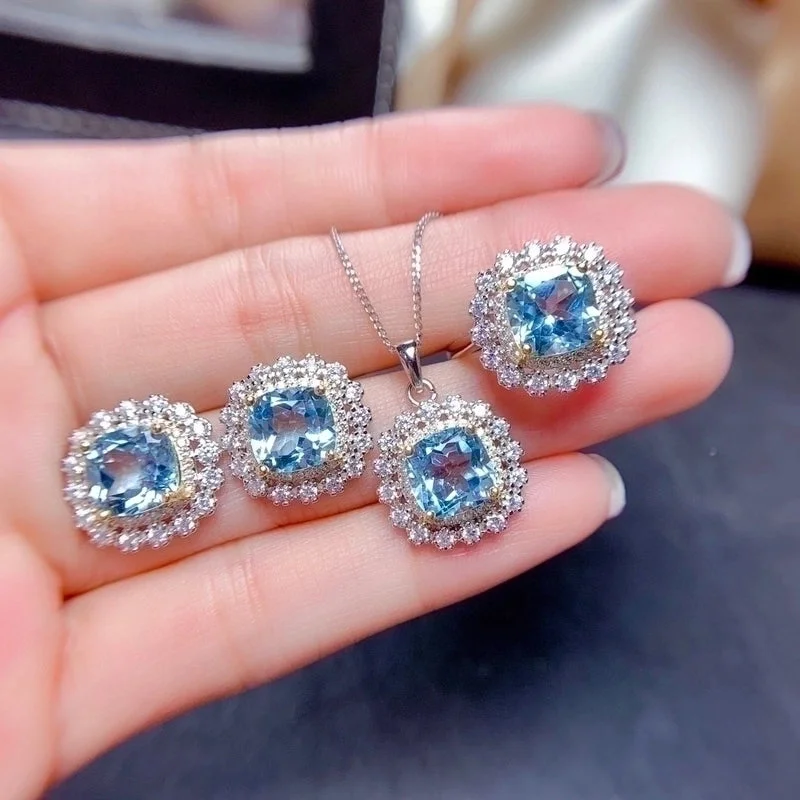 One-Of-A-Kind Necklaces-Internet Celebrity Live Streaming Imitation Natural Colorful Crystal Stone Suit Sky Blue Topaz Necklace Ring Eardrops Stud Earrings Female