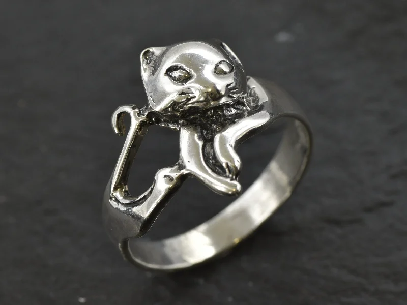 Custom Stacked Wedding Rings for Women-Silver Cat Ring - Cat Lover Ring - Silver Animal Ring