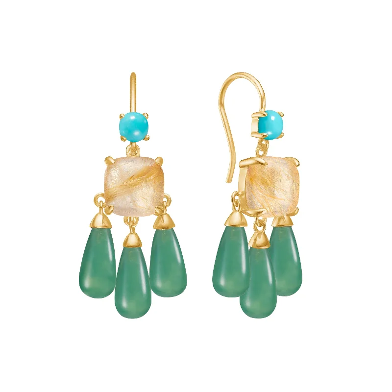 Luxury Pearl Drop Earrings-18K Gold Plated Earrings w. Quartz, Agate & Turquoise