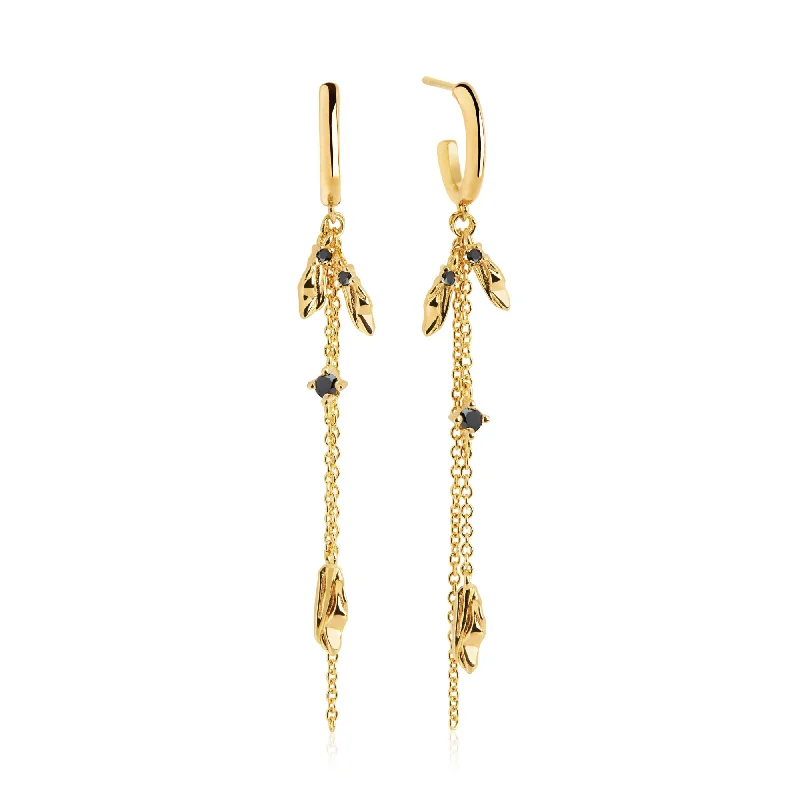 Modern Hoop Earrings for Women-Vulcanello Double Chain Gold Plated Earrings w. Black Zirconias