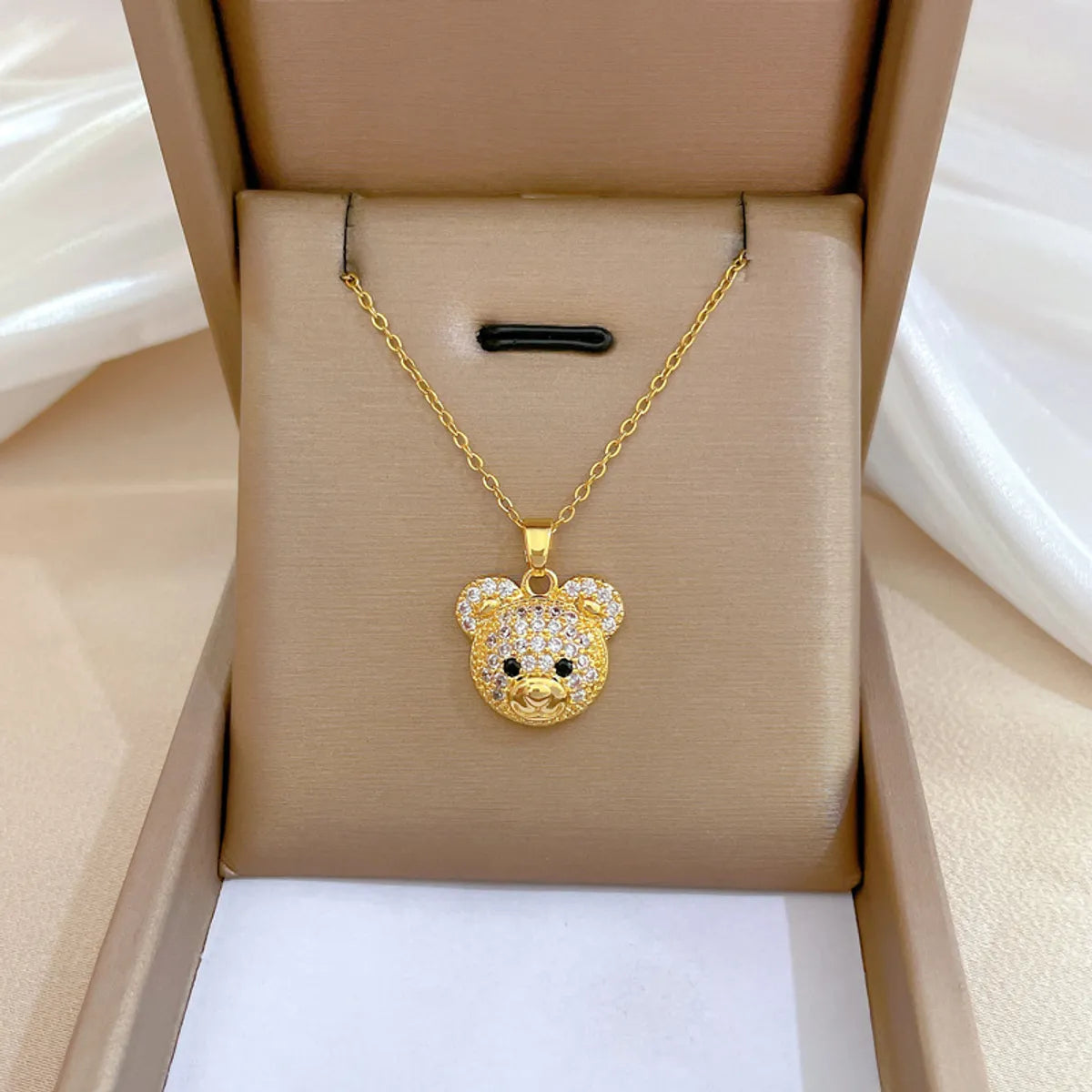 Custom Engraved Necklaces-Cute Animal Bear Stainless Steel Copper Inlay Zircon Pendant Necklace