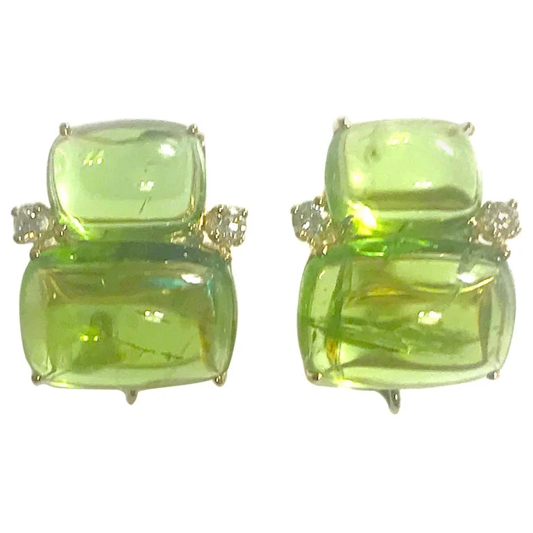 Simple Crystal Drop Earrings-18Kt Yellow Gold Cushion Cut Cabochon Peridot Earrings with Diamonds