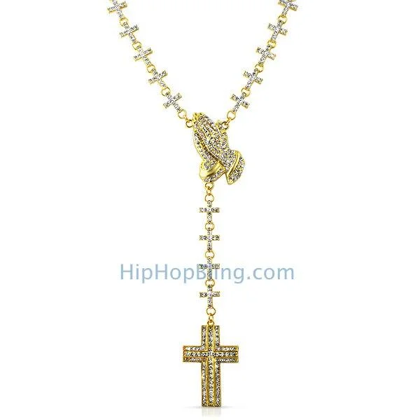 Statement Necklace Set-Gold Praying Hands Fully Iced Out Cross Link Rosary Necklace