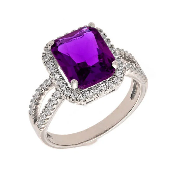 Affordable Custom Engagement Rings-Original Elegant Confetti Women's 18K White Gold Plated Purple CZ Simulated Cushion Diamond Halo Statement Cocktail Ring