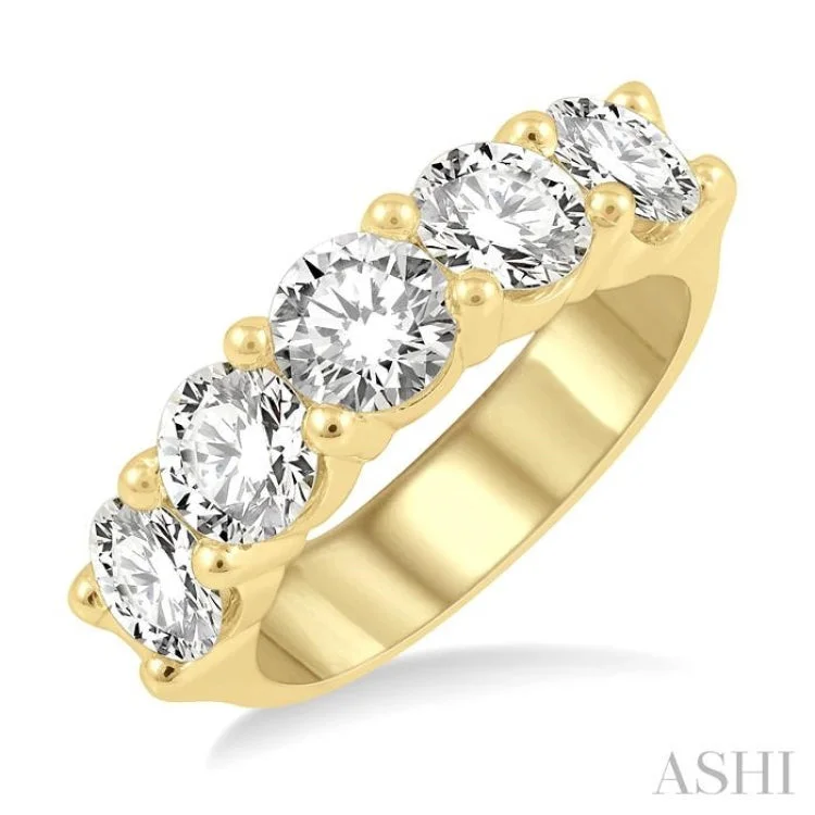 Custom Signet Wedding Rings-3.00 ctw 5 Stone Round Cut Diamond Wedding Band in 14K Yellow Gold