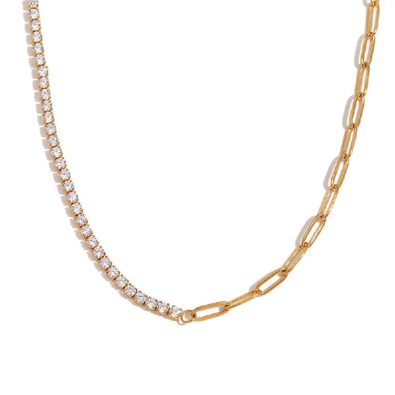 Zircon Chain Spliced Paper Clip Necklace - Gold - White Zircon