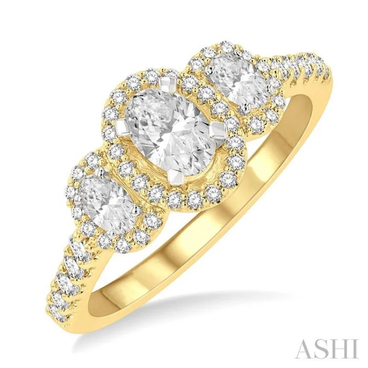 Platinum Wedding Rings-1.00 ctw Past, Present & Future Round Cut Diamond Engagement Ring With 3/8 ct Oval Cut Center Stone in 14K Yellow and White Gold