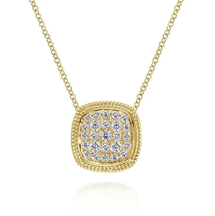 Custom Charm Necklaces-Gabriel 14K Yellow Gold Cushion Shape Diamond Pave Pendant Necklace