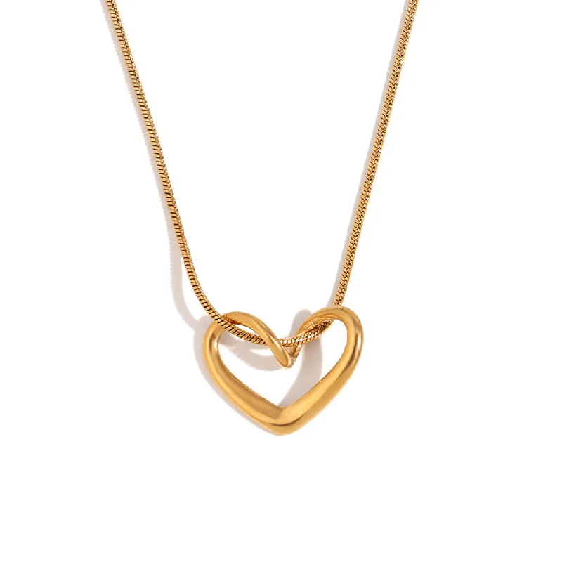 Thin Snake Chain Minimalist Peach Heart Pendant Necklace - Gold