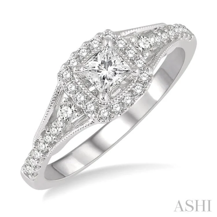 Wedding Rings for Couples-1/2 ctw Diamond Engagement Ring with 1/5 ct Princess Cut Center Stone in 14K White Gold