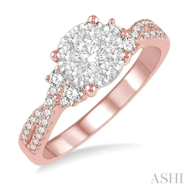 Custom Gemstone Promise Rings-3/4 ctw Crossed Split Shank Lovebright Diamond Cluster Ring in 14K Rose and White Gold