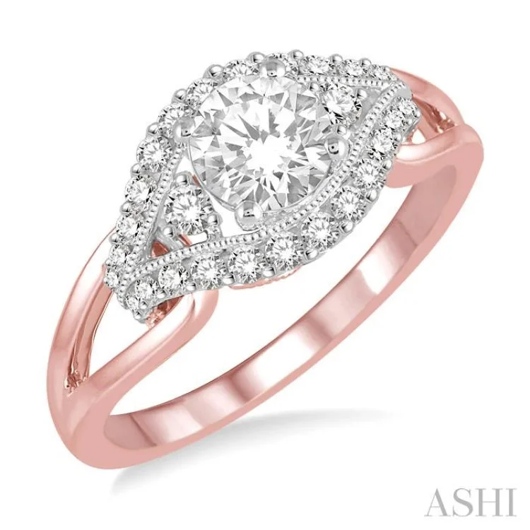 Custom Signet Wedding Rings-3/4 Ctw Diamond Engagement Ring with 1/2 Ct Round Cut Center Stone in 14K Rose and White Gold