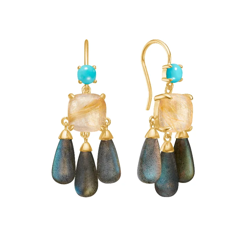 Classic Drop Earrings-18K Gold Plated Earrings w. Turquoise, Labradorite & Quartz