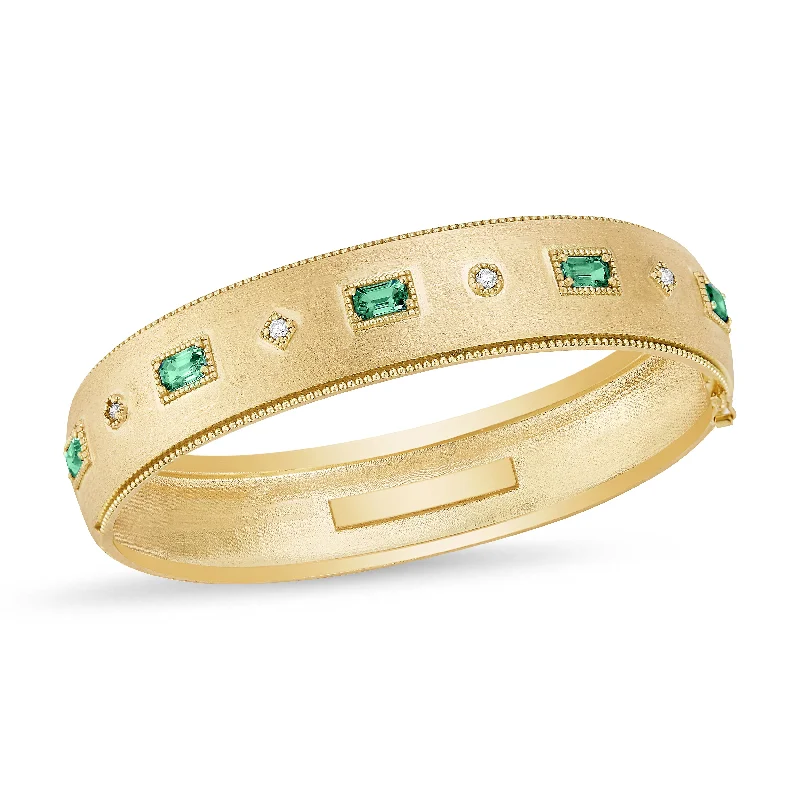 Geometric Bracelets for Women-Emerald & Diamond Bezel Wide Bangle