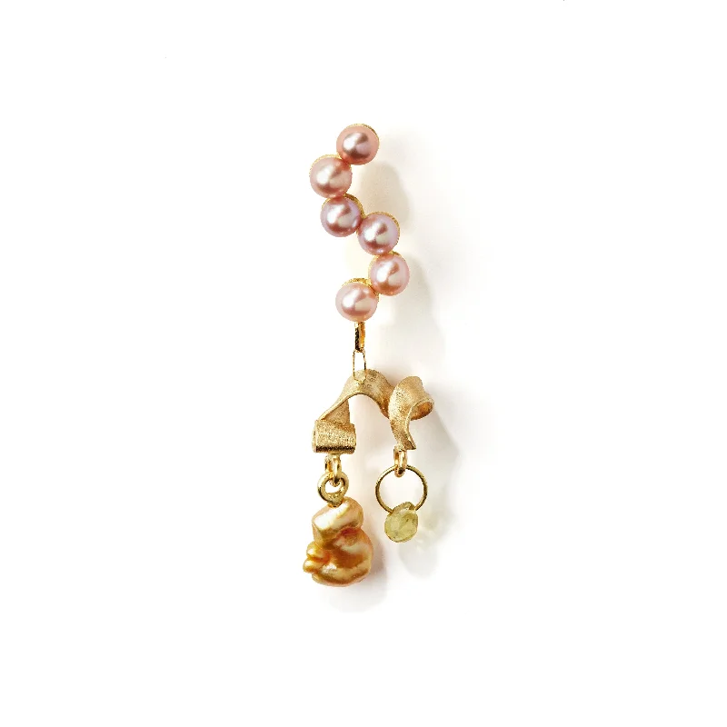 Simple Gold Hoop Earrings-Fine Curves 18K Gold Earring w. Pearls & yellow Sapphire