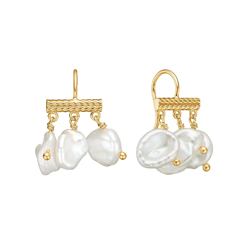 Designer Drop Hoop Earrings-Mirage 18K Gold Plated Earrings w. White Pearls