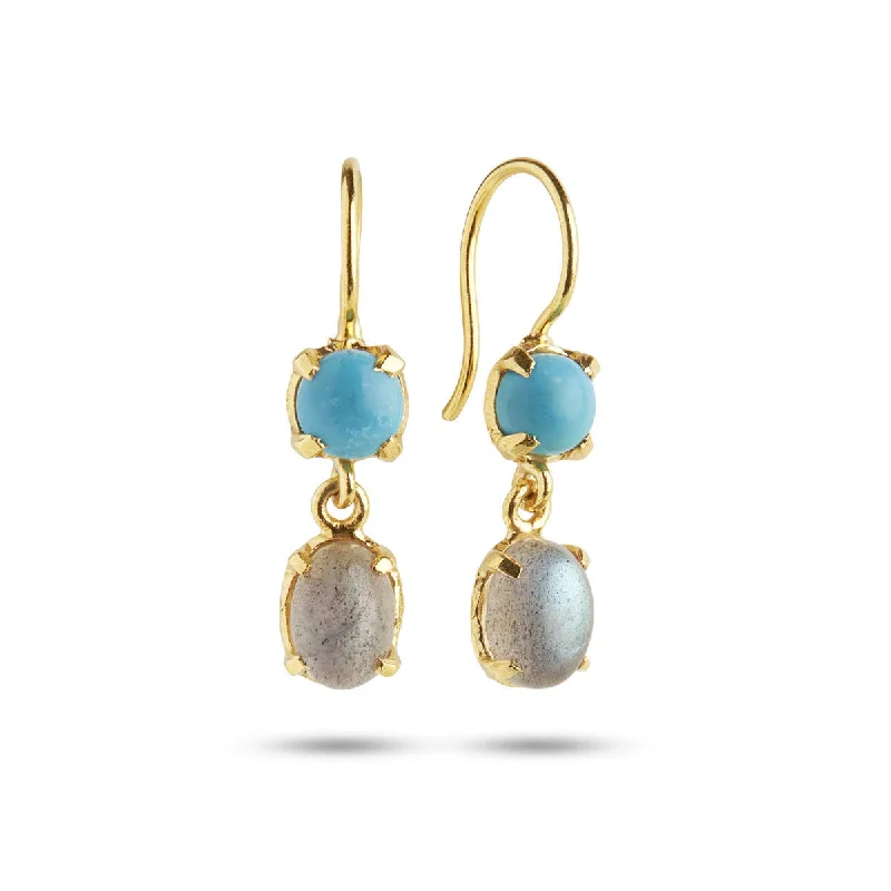 Luxury Drop Hoop Earrings-Limited Edition 18K Gold Plated Earrings w. Turqouise & labradorite