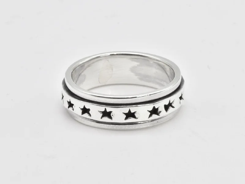 Designer Diamond Engagement Rings-Star Spinning Ring - Silver Star Band - Rotatable Silver Band