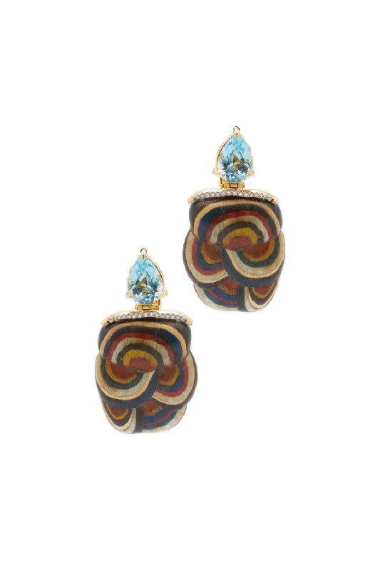 Sparkling Gold Earrings for Women-Marquetry Mushroom 18K Gold Earrings w. Topaz & Diamond